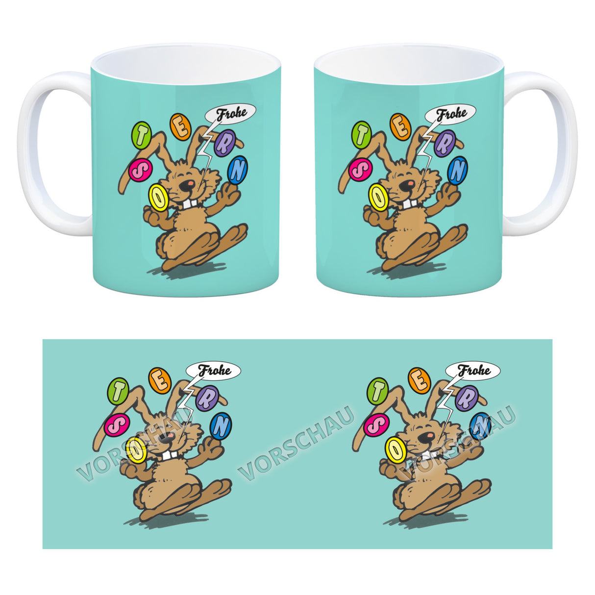 Frohe Ostern! Osterhase jongliert mit Ostereiern Kaffeebecher in {weiß}