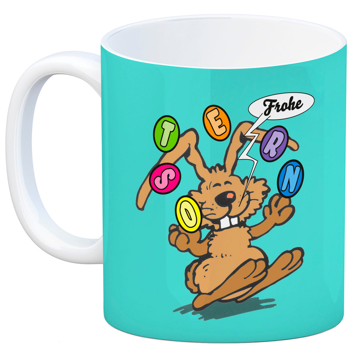 Frohe Ostern! Osterhase jongliert mit Ostereiern Kaffeebecher in {weiß}