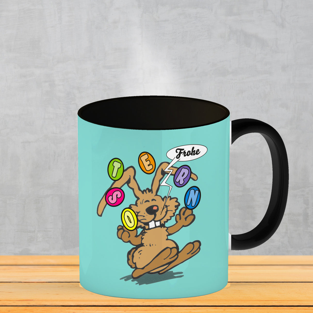 Frohe Ostern! Osterhase jongliert mit Ostereiern Kaffeebecher in {weiß}