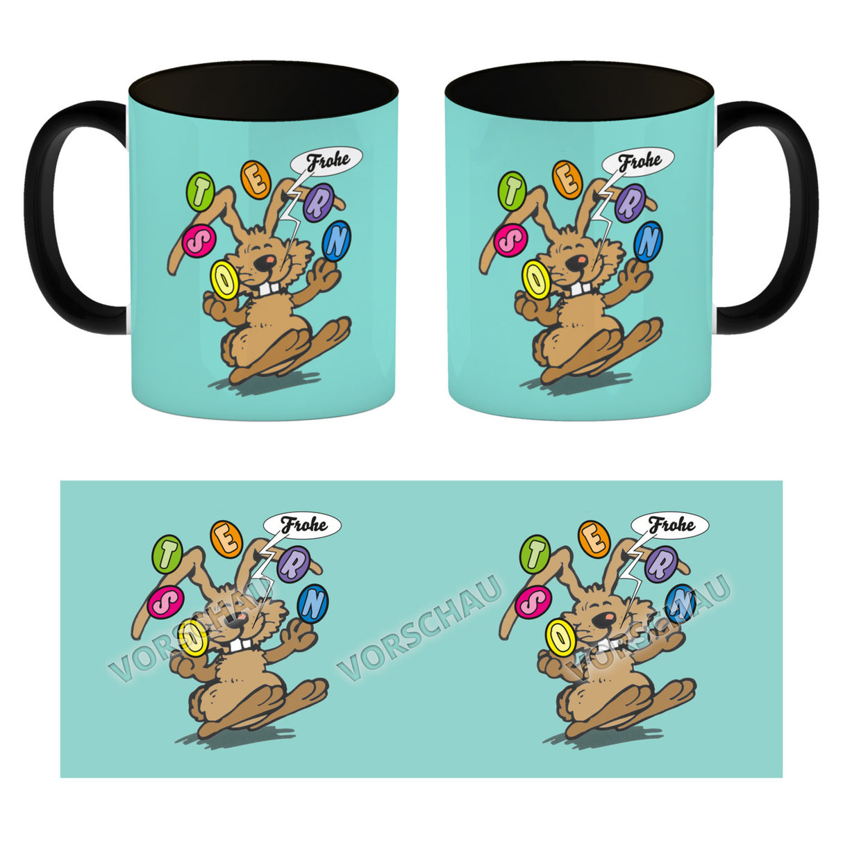 Frohe Ostern! Osterhase jongliert mit Ostereiern Kaffeebecher in {weiß}