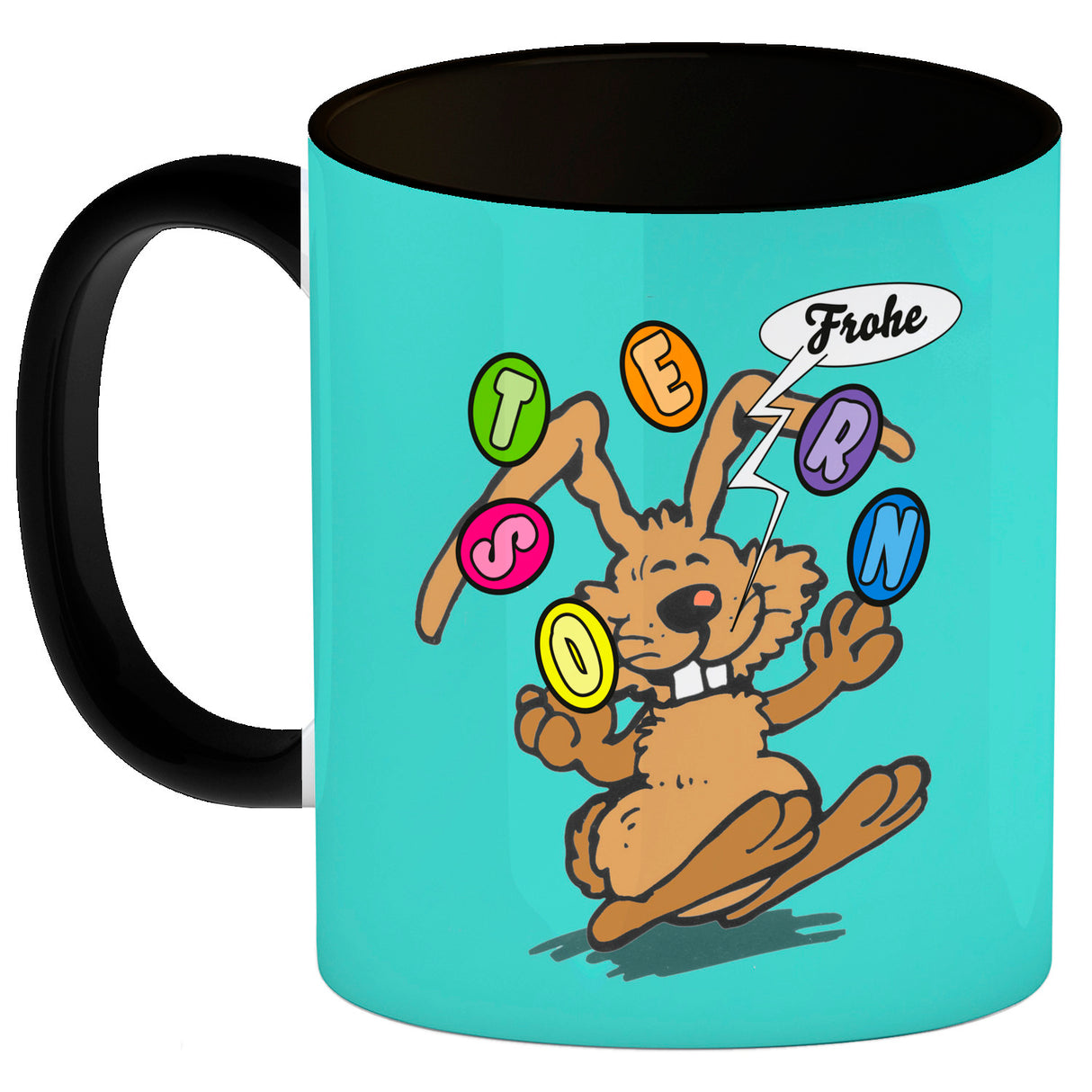 Frohe Ostern! Osterhase jongliert mit Ostereiern Kaffeebecher in {weiß}