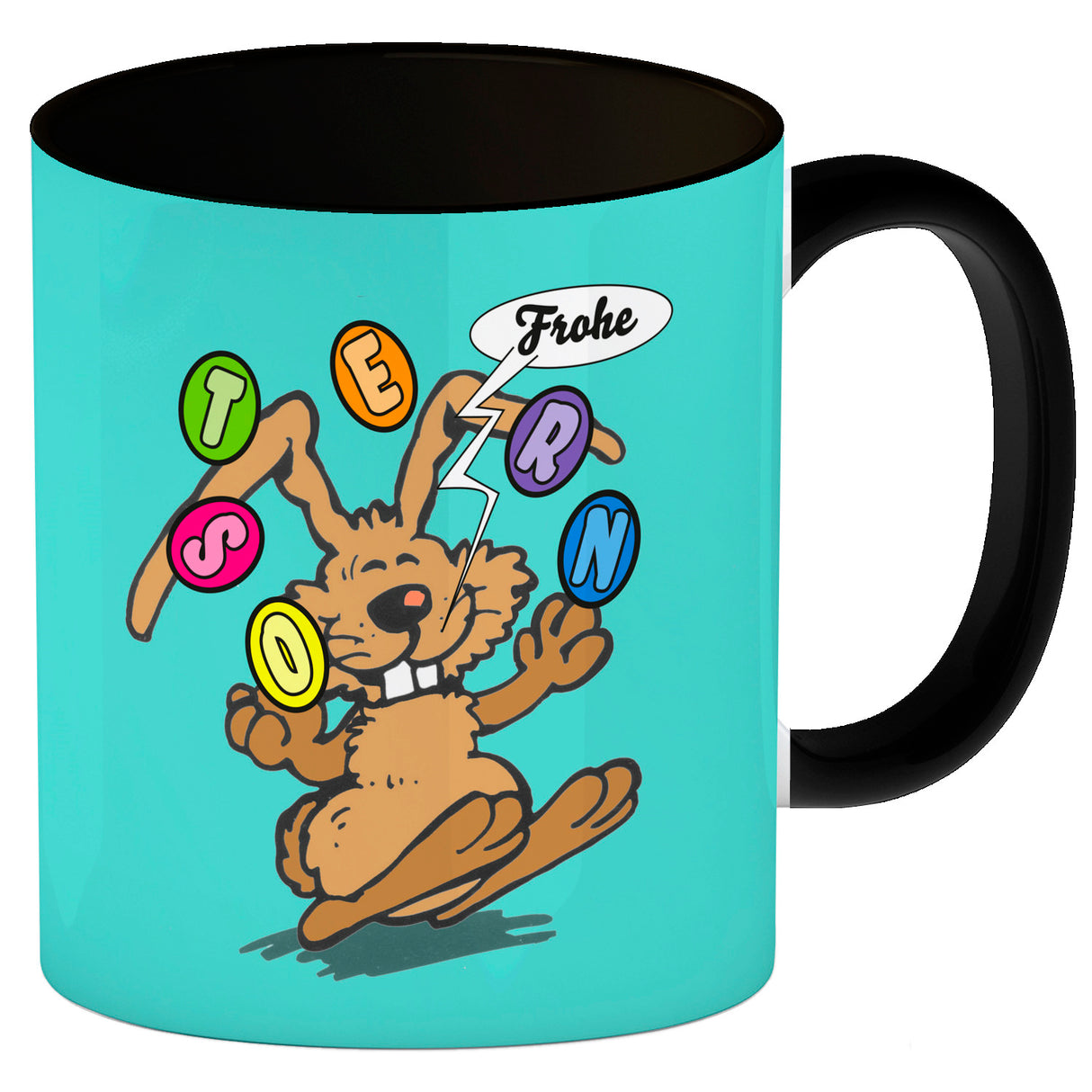 Frohe Ostern! Osterhase jongliert mit Ostereiern Kaffeebecher in {weiß}