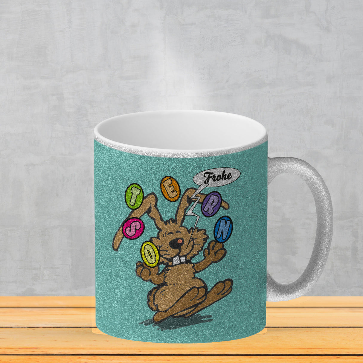 Frohe Ostern! Osterhase jongliert mit Ostereiern Kaffeebecher in {weiß}