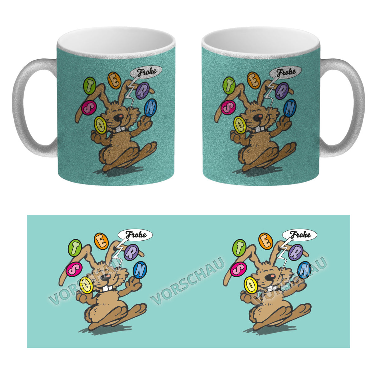 Frohe Ostern! Osterhase jongliert mit Ostereiern Kaffeebecher in {weiß}