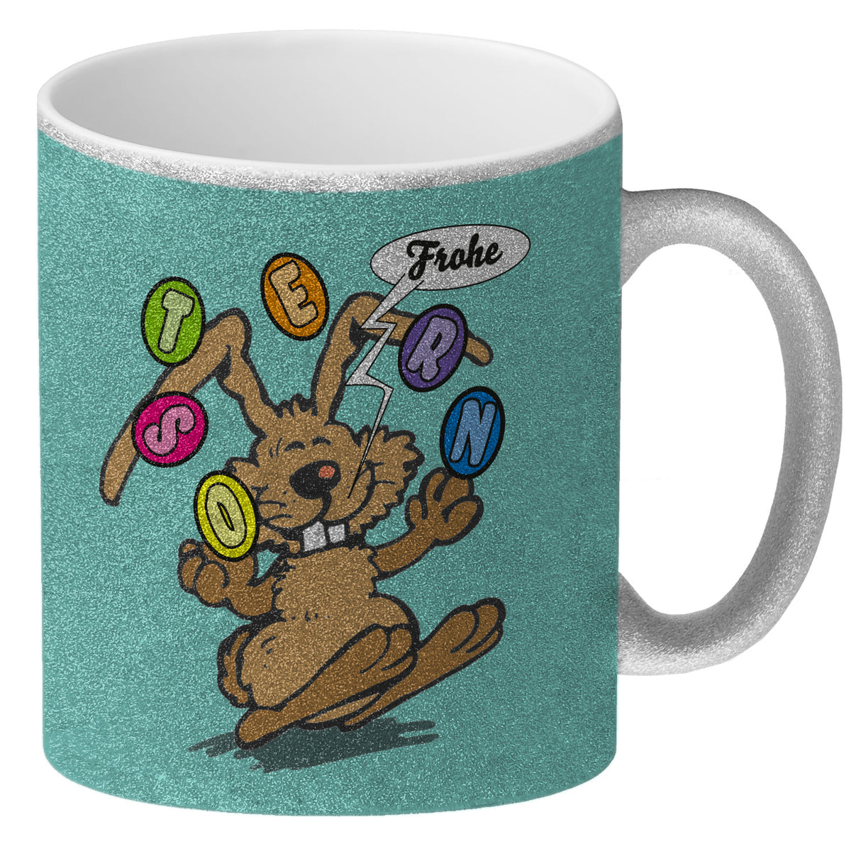 Frohe Ostern! Osterhase jongliert mit Ostereiern Kaffeebecher in {weiß}