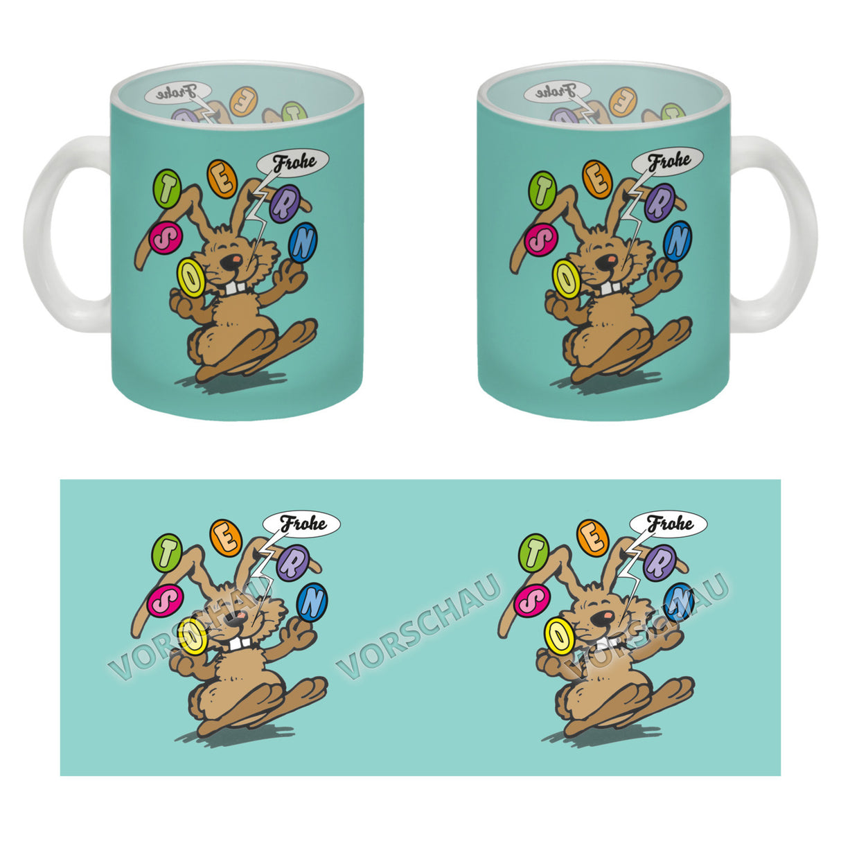 Frohe Ostern! Osterhase jongliert mit Ostereiern Kaffeebecher in {weiß}