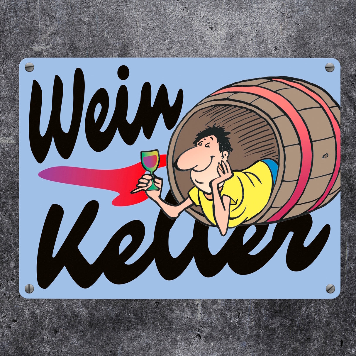 Weinkeller Metallschild in orange mit Weinfass Motiv