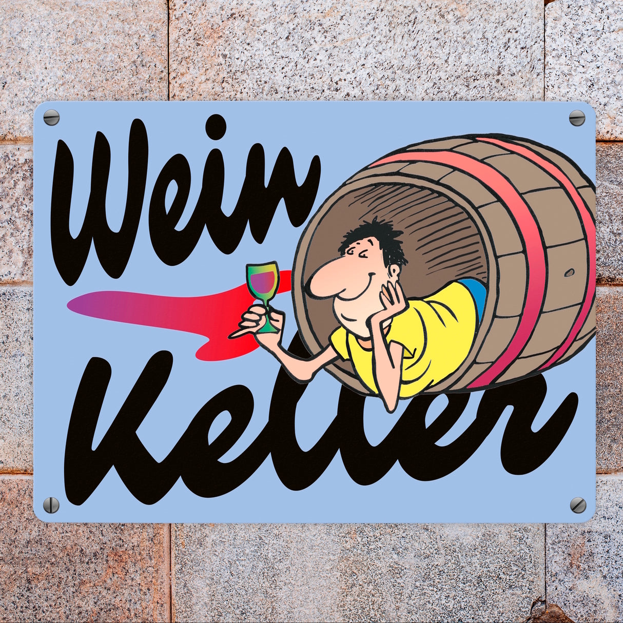 Weinkeller Metallschild in orange mit Weinfass Motiv