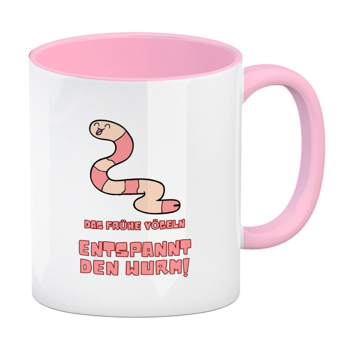 Morgenlatte Kaffeebecher mit Spruch Das frühe Vögeln entspannt den Wurm