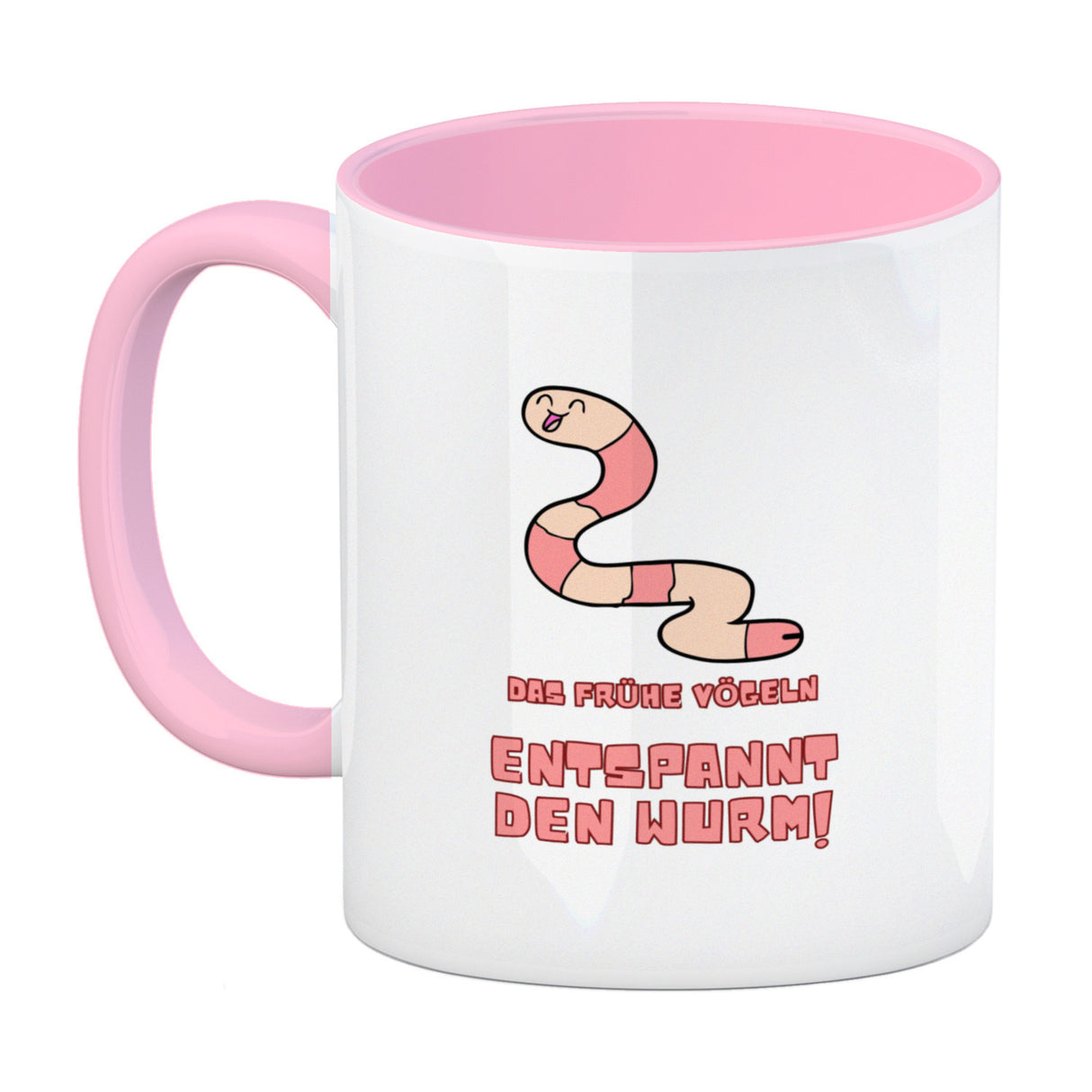 Morgenlatte Kaffeebecher mit Spruch Das frühe Vögeln entspannt den Wurm