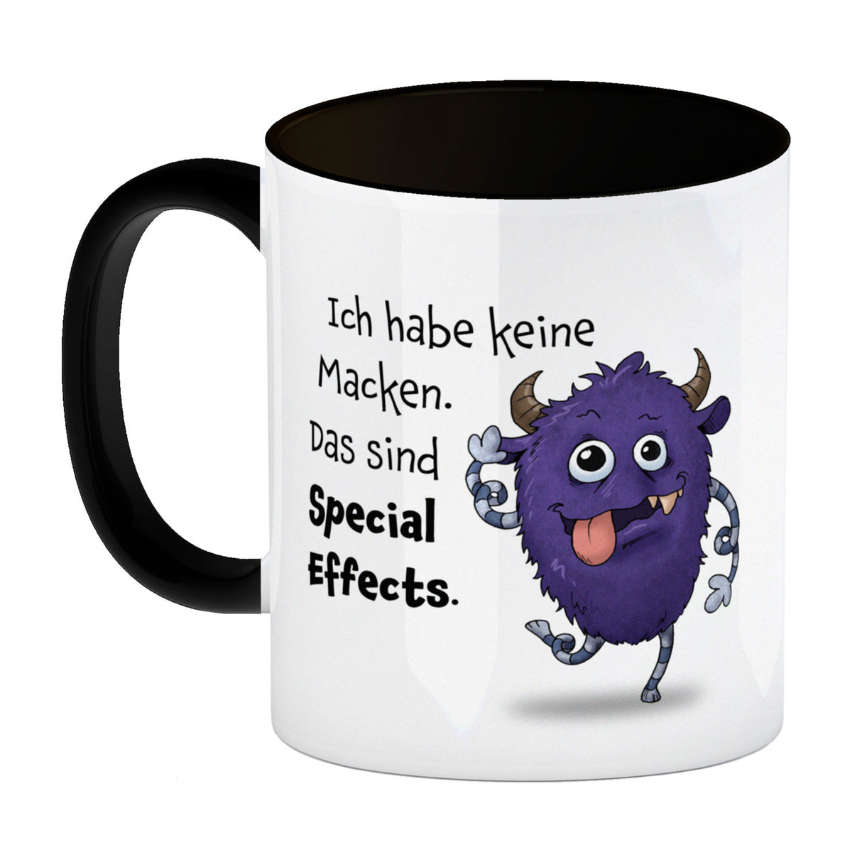 Freches Monster in lila Kaffeebecher mit lustigem Spruch