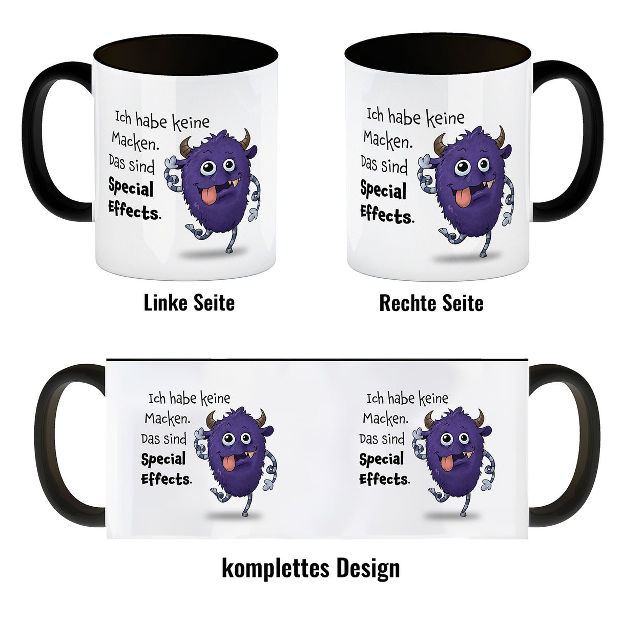 Freches Monster in lila Kaffeebecher mit lustigem Spruch