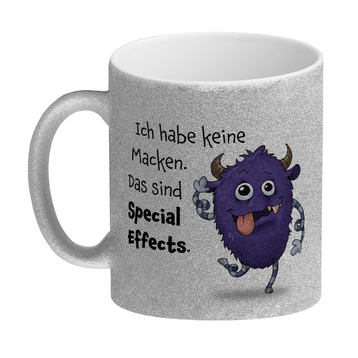 Freches Monster in lila Kaffeebecher mit lustigem Spruch