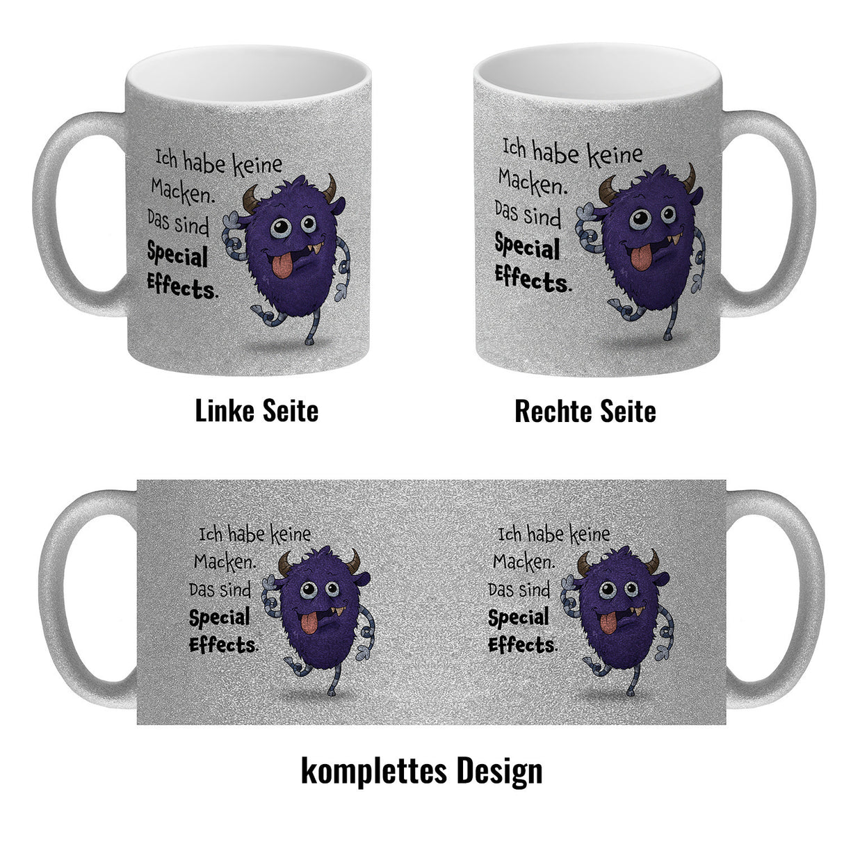 Freches Monster in lila Kaffeebecher mit lustigem Spruch