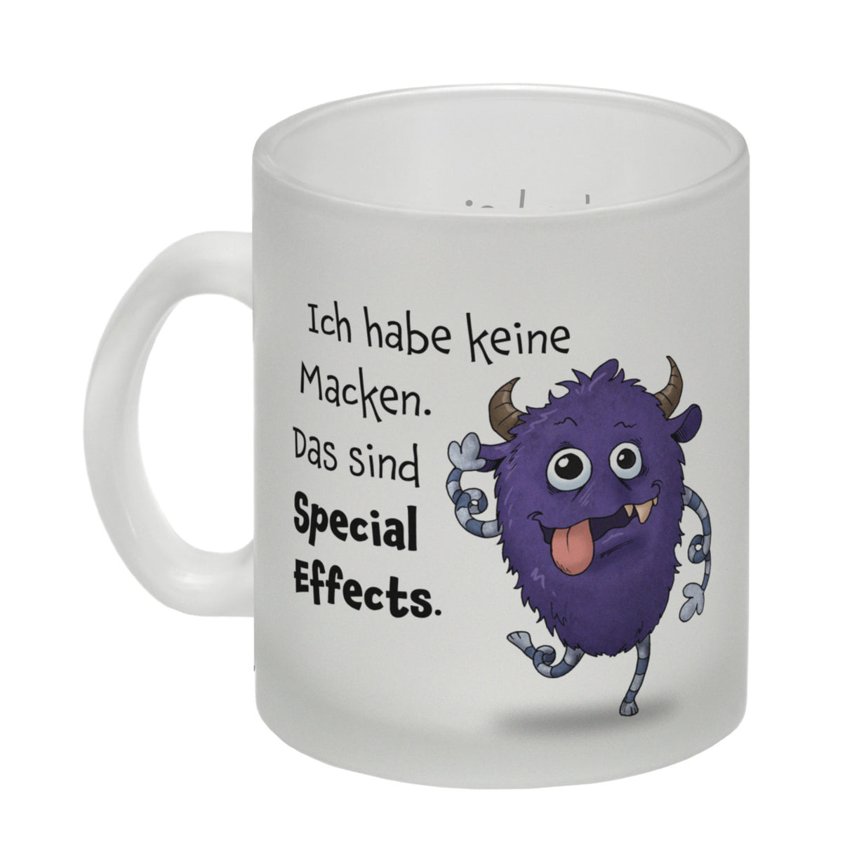 Freches Monster in lila Kaffeebecher mit lustigem Spruch