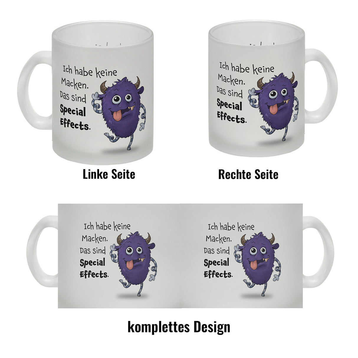 Freches Monster in lila Kaffeebecher mit lustigem Spruch