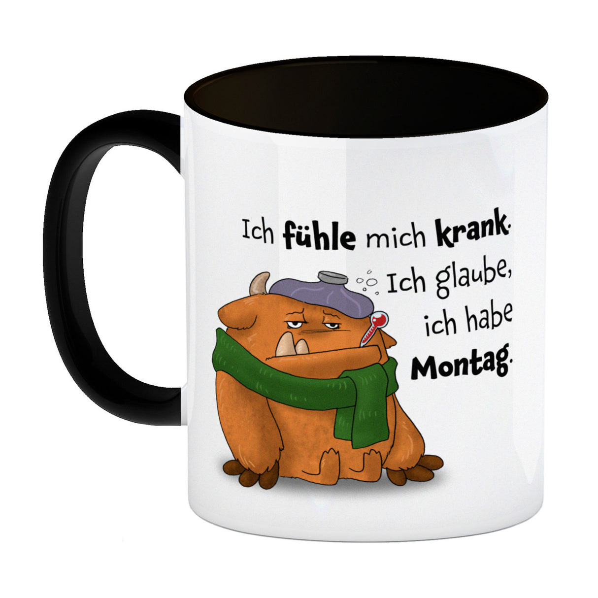 Freches Monster in orange Kaffeebecher mit lustigem Spruch