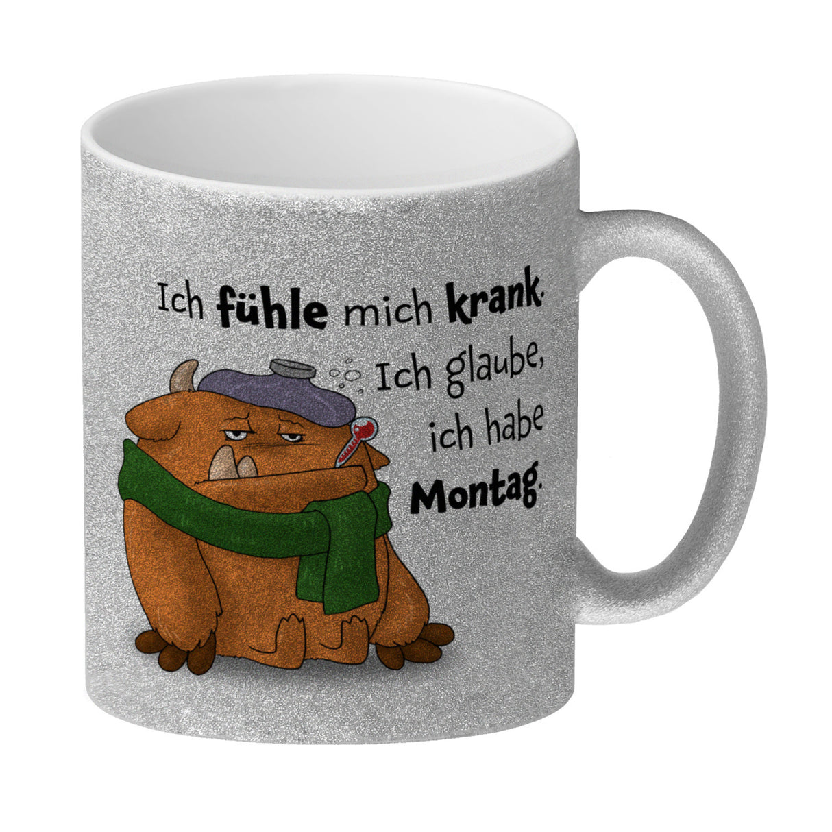 Freches Monster in orange Kaffeebecher mit lustigem Spruch