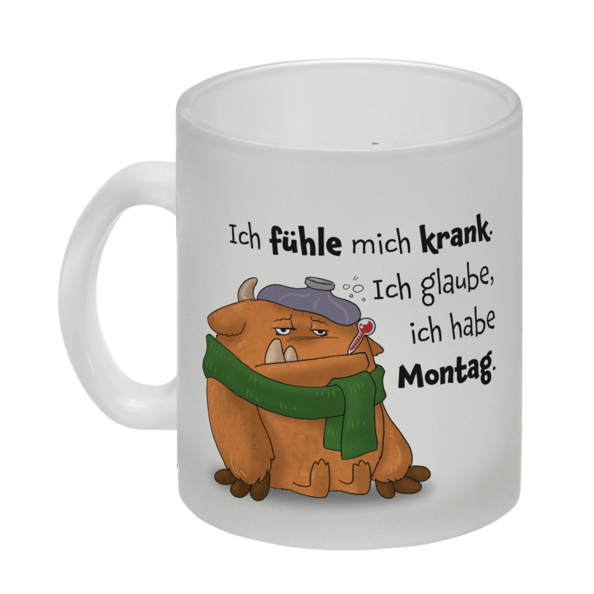 Freches Monster in orange Kaffeebecher mit lustigem Spruch