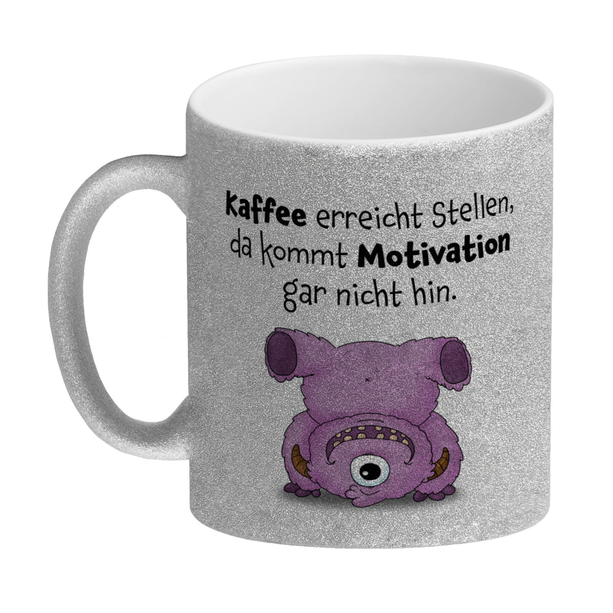 Freches Monster in rosa Kaffeebecher mit lustigem Spruch