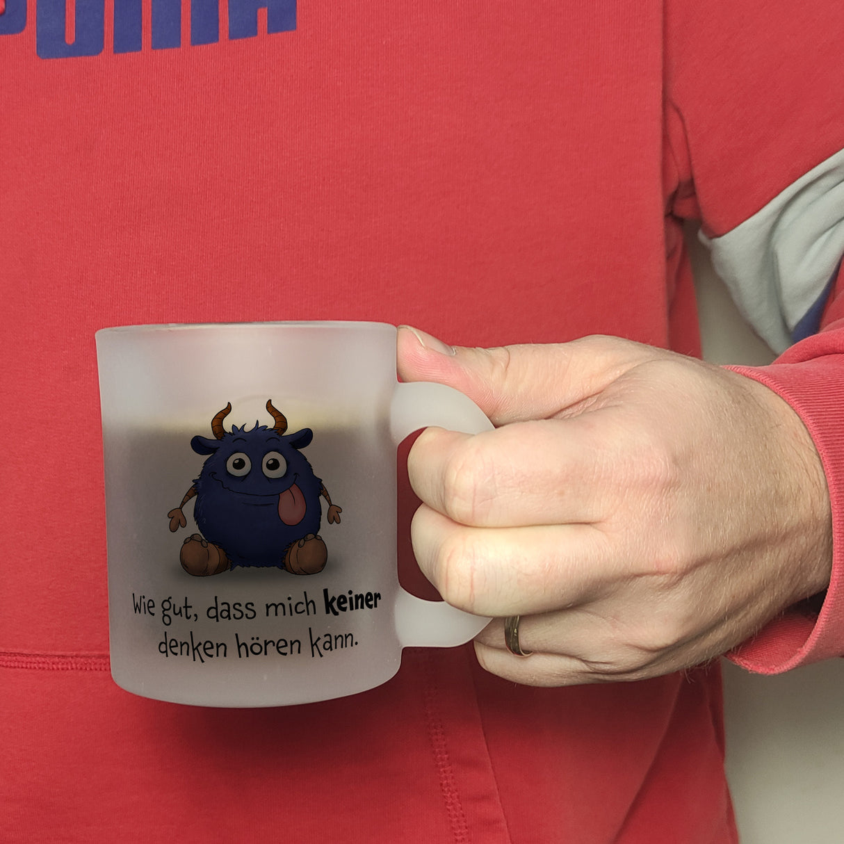 Freches Monster in dunkelblau Kaffeebecher mit lustigem Spruch