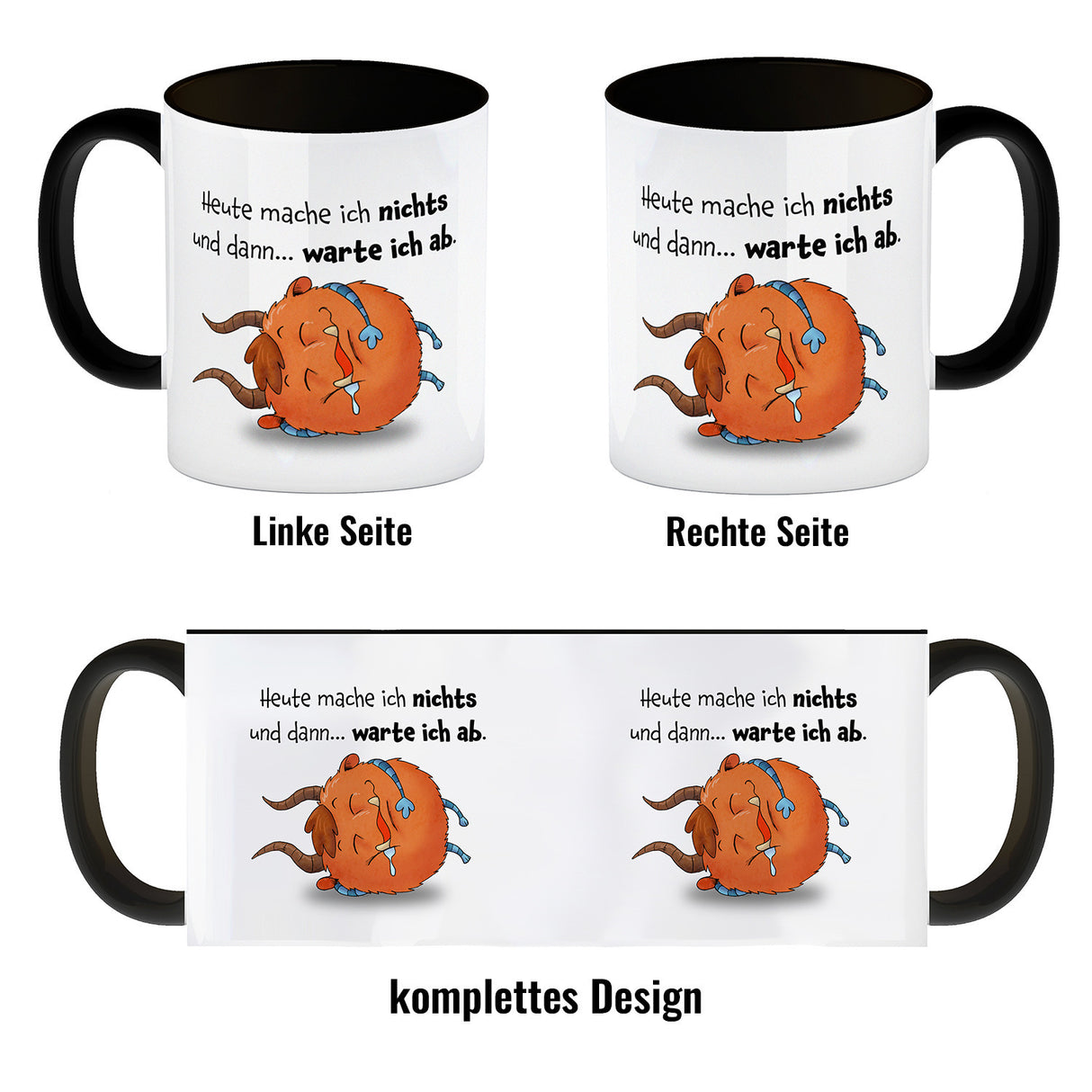 Freches Monster in orange Kaffeebecher mit lustigem Spruch