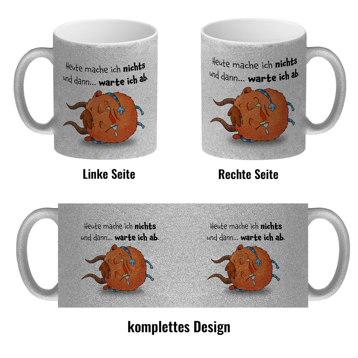 Freches Monster in orange Kaffeebecher mit lustigem Spruch