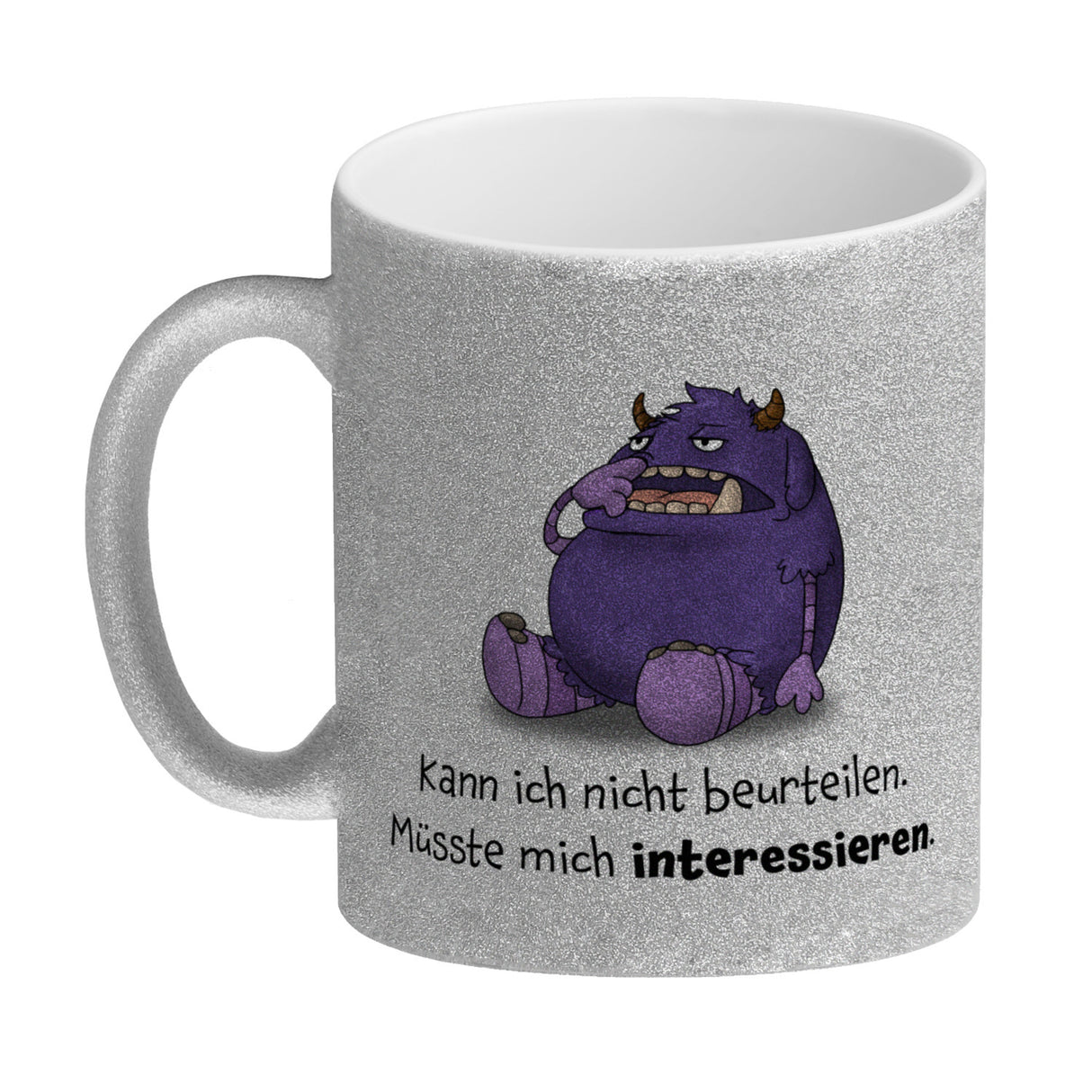 Freches Monster in lila Kaffeebecher mit lustigem Spruch