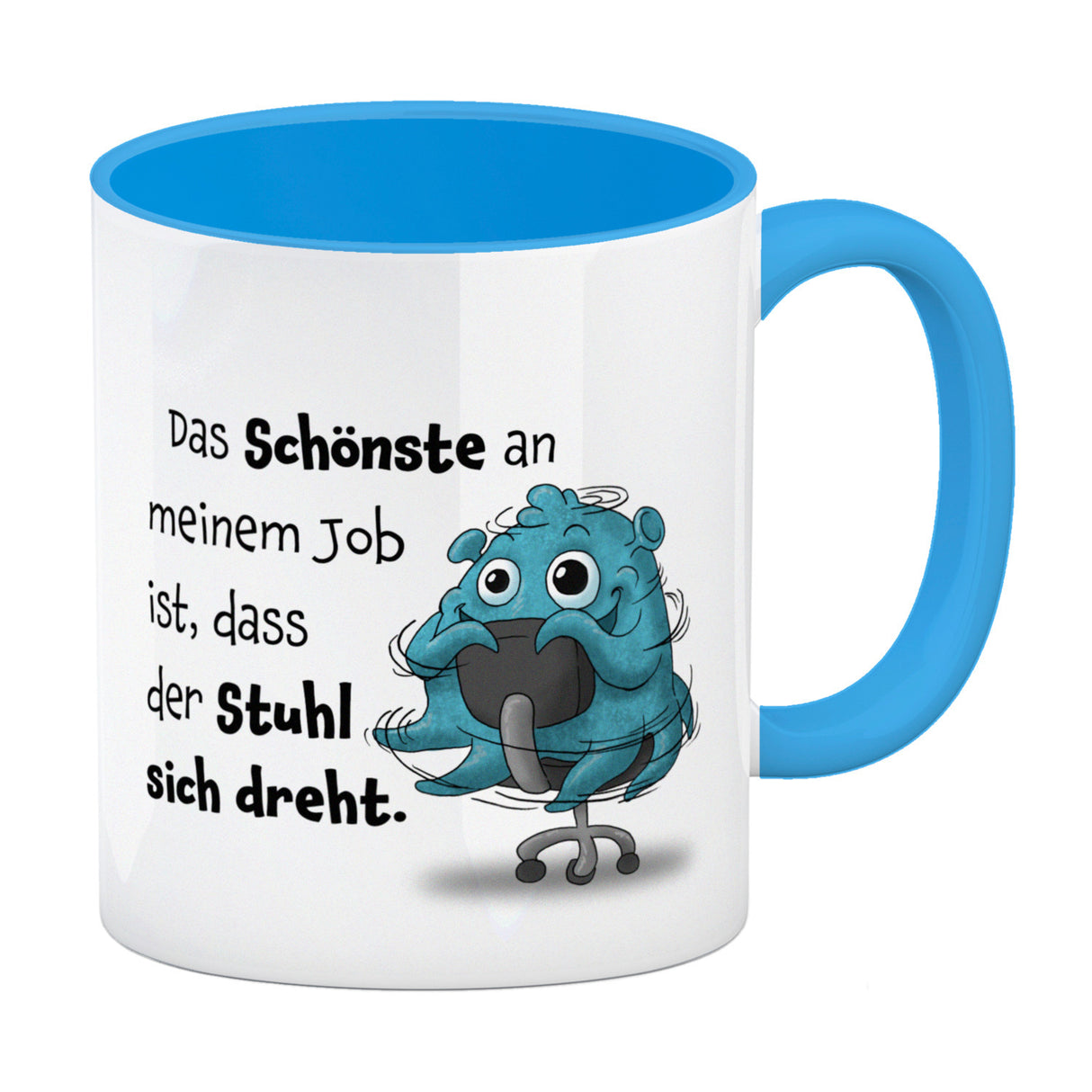 Freches Monster in hellblau Kaffeebecher mit lustigem Spruch