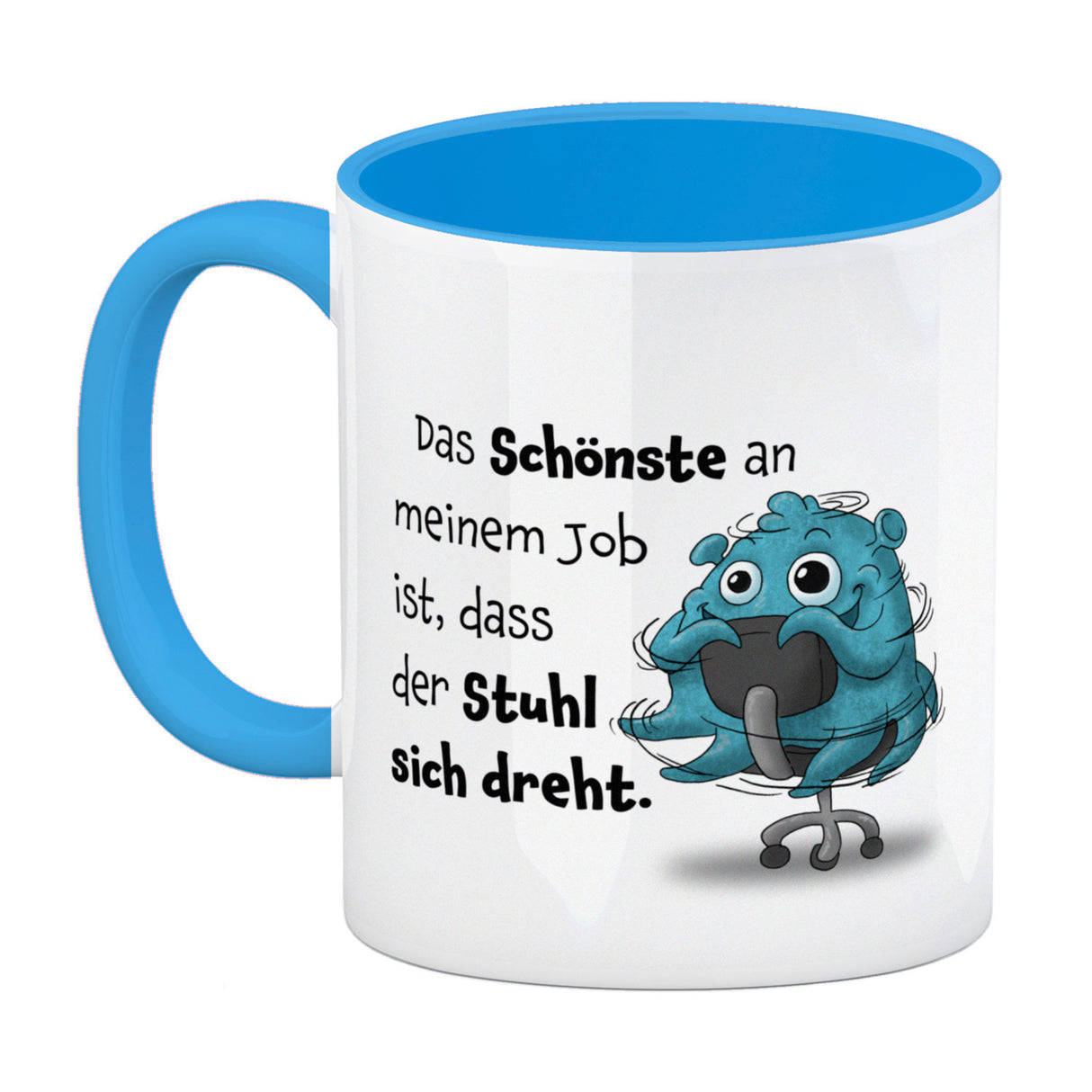 Freches Monster in hellblau Kaffeebecher mit lustigem Spruch