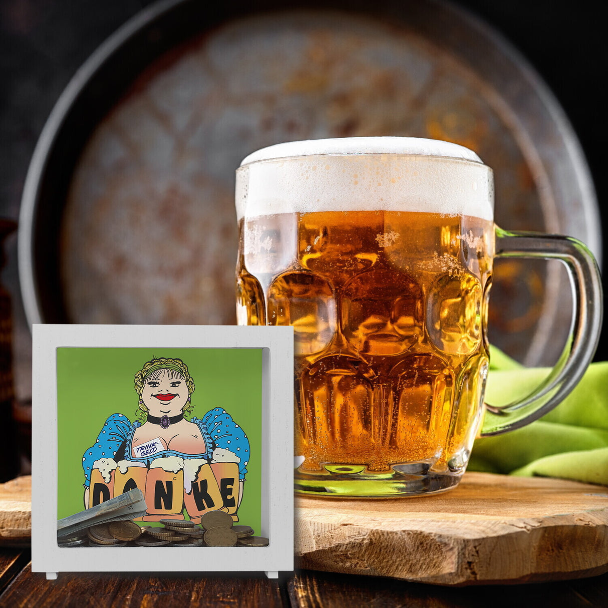 Bierzeltbedienung mit Maßkrügen DANKE Spardose für Trinkgeld