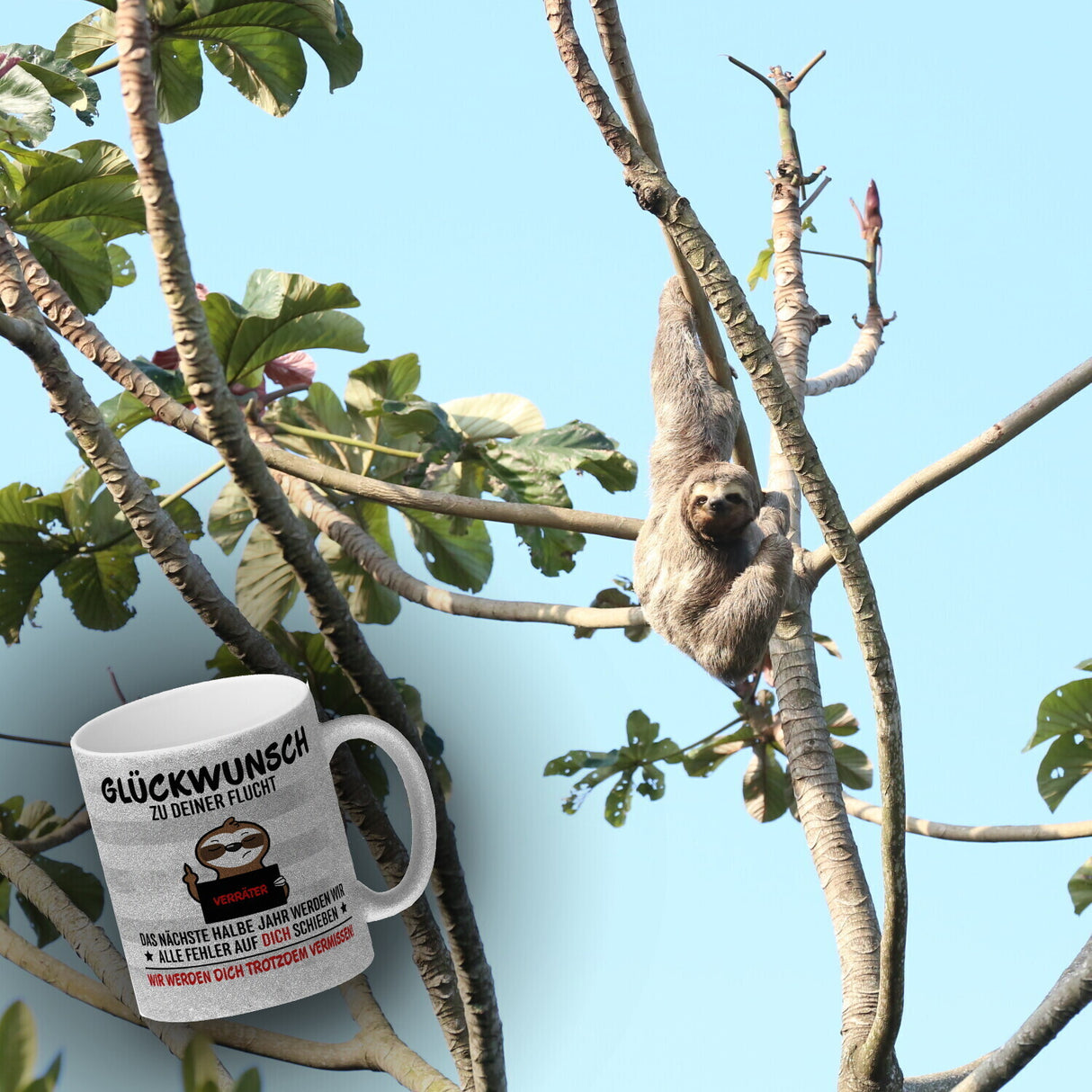 Glückwunsch zur Flucht, Verräter Mittelfinger Kaffeebecher mit Faultier