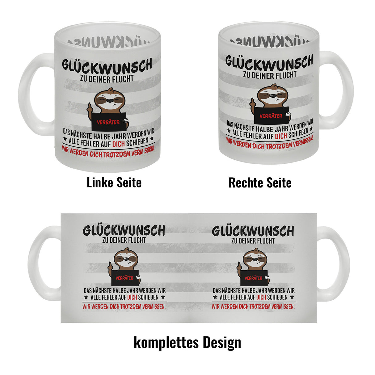 Glückwunsch zur Flucht, Verräter Mittelfinger Kaffeebecher mit Faultier