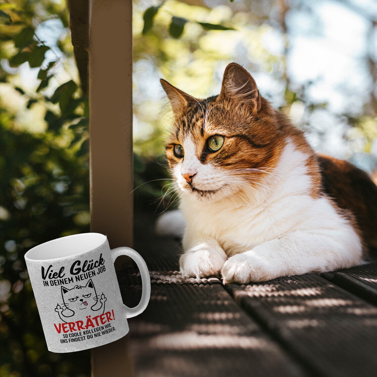 Viel Glück im neuen Job Verräter Mittelfinger Kaffeebecher mit frecher Katze