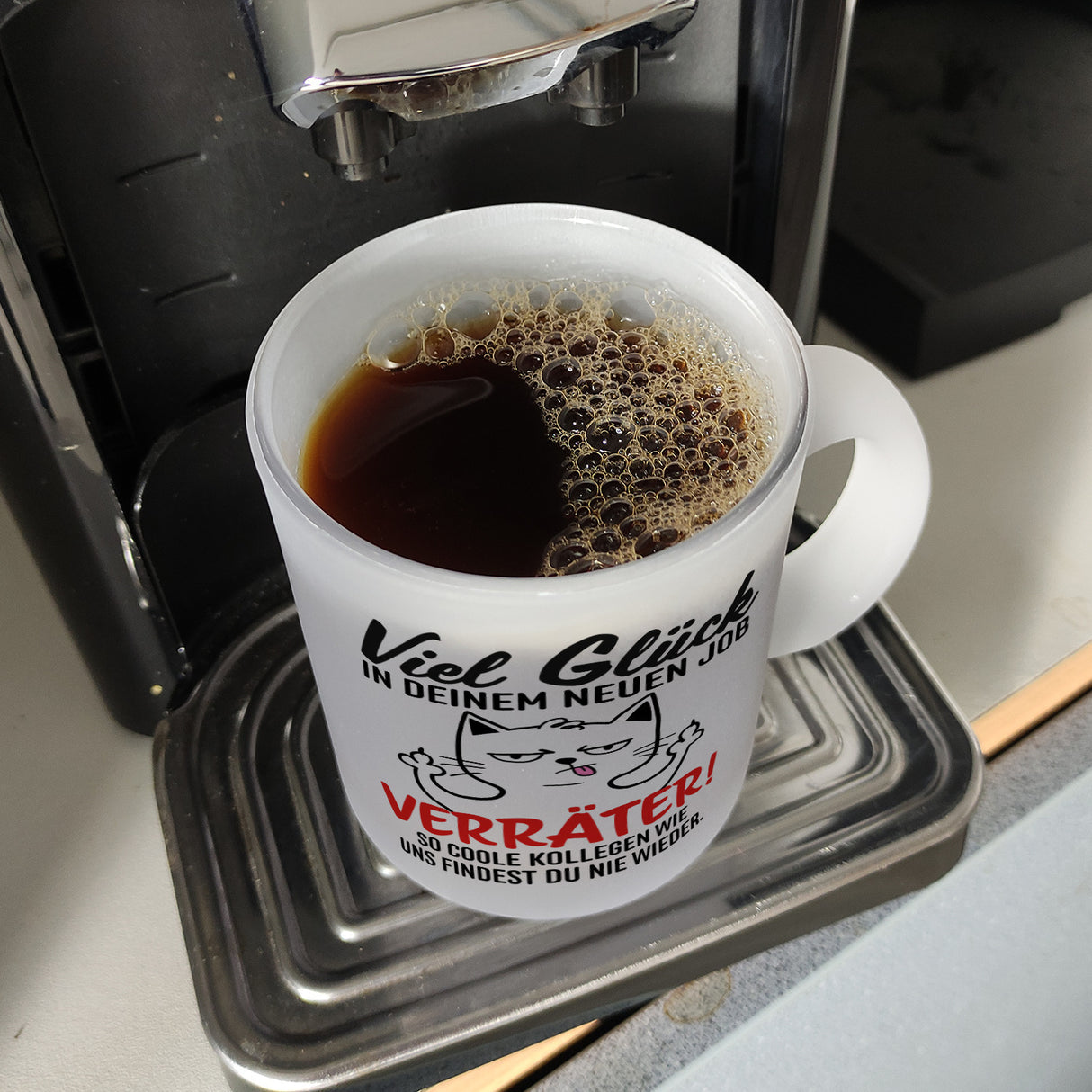 Viel Glück im neuen Job Verräter Mittelfinger Kaffeebecher mit frecher Katze