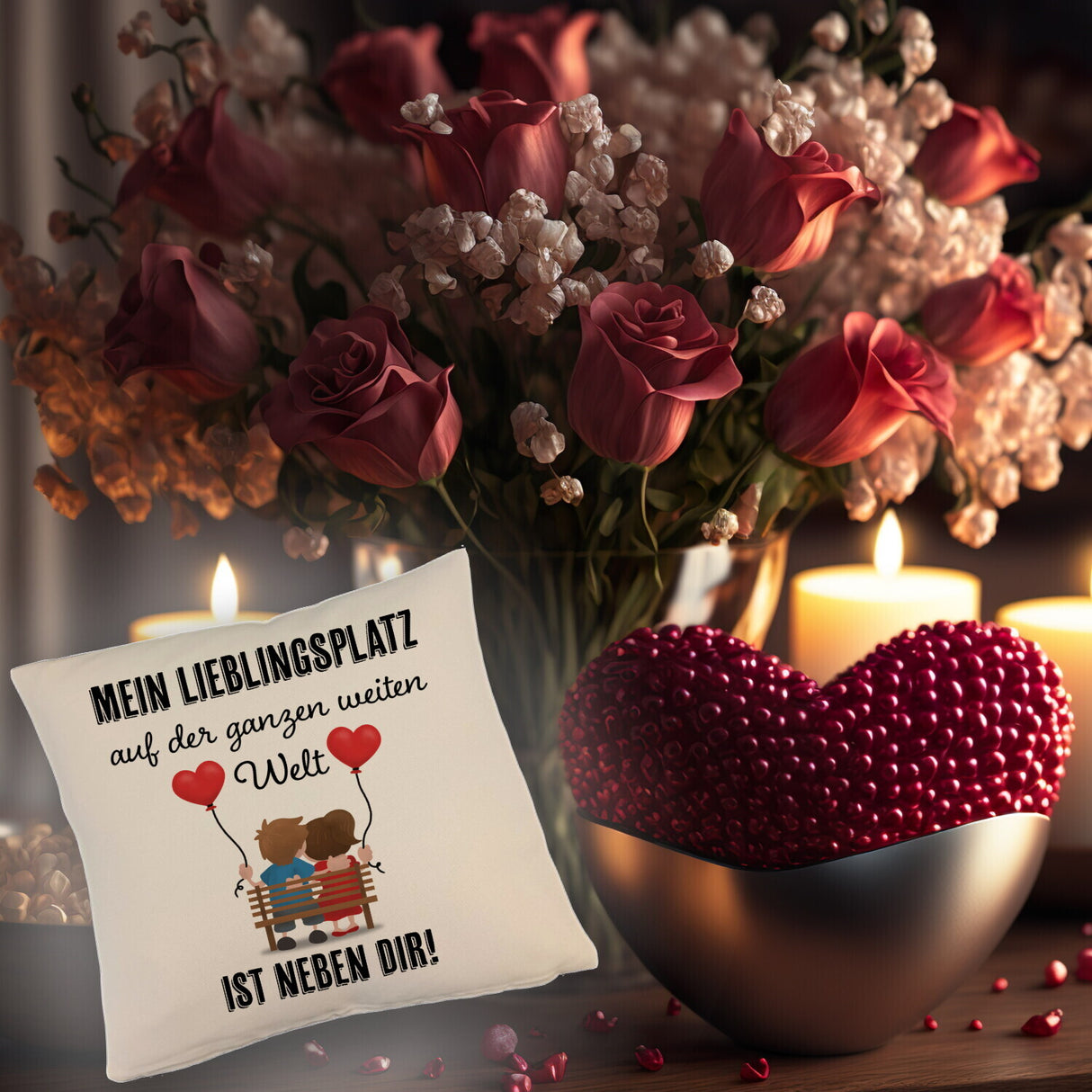 Liebespaar mit Herzballons Kissen mit Spruch