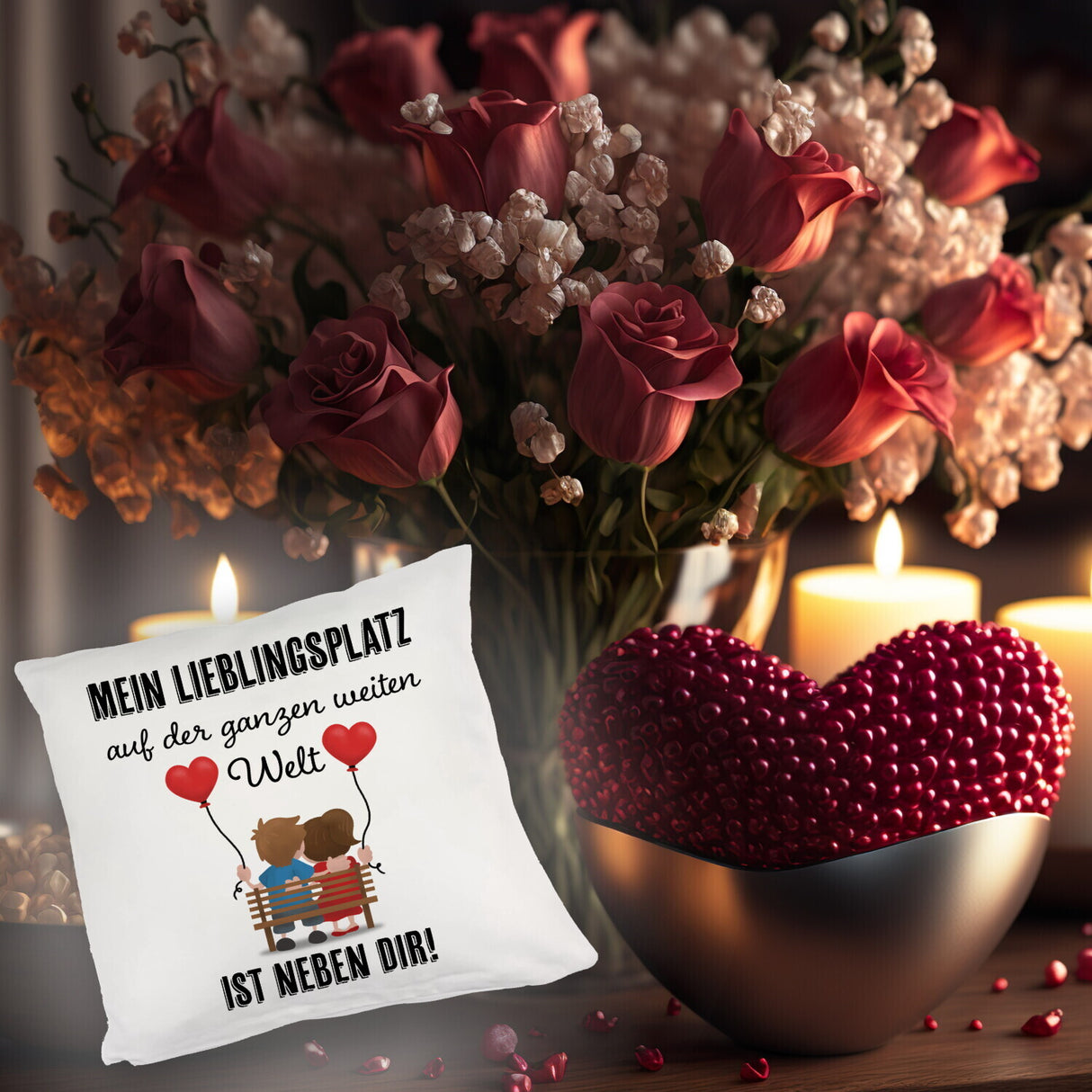 Liebespaar mit Herzballons Kissen mit Spruch