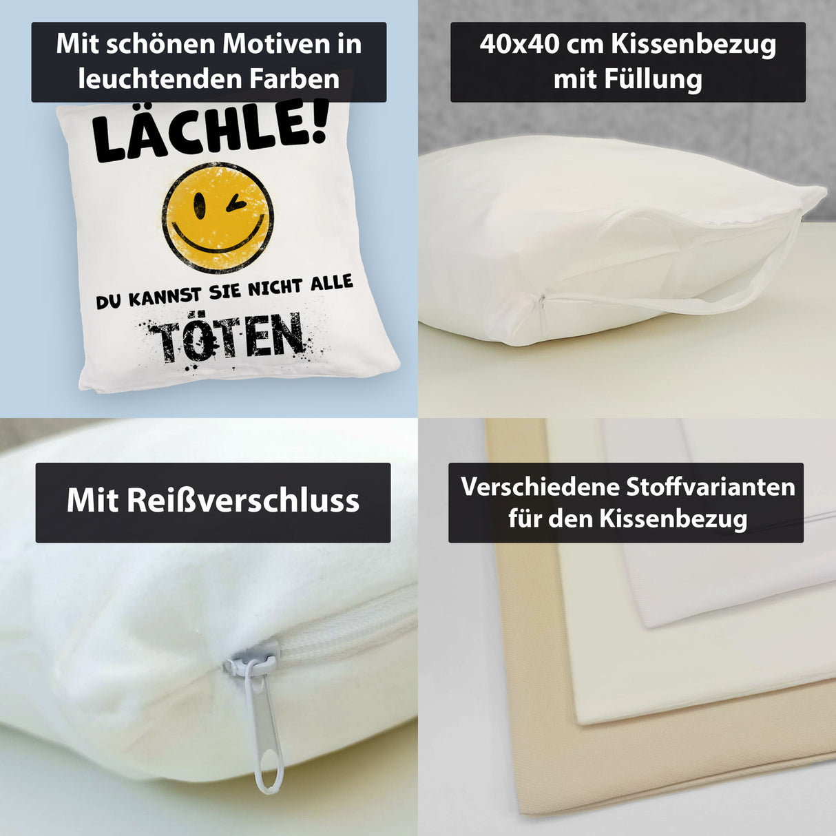 Emoticon Kissen mit Spruch - Lächle du kannst sie nicht alle töten