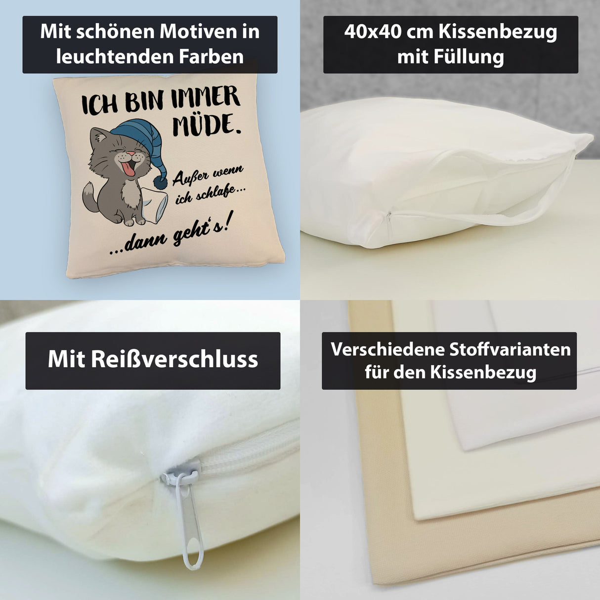 Katze Kissen mit Spruch- Immer müde außer wenn ich schlafe