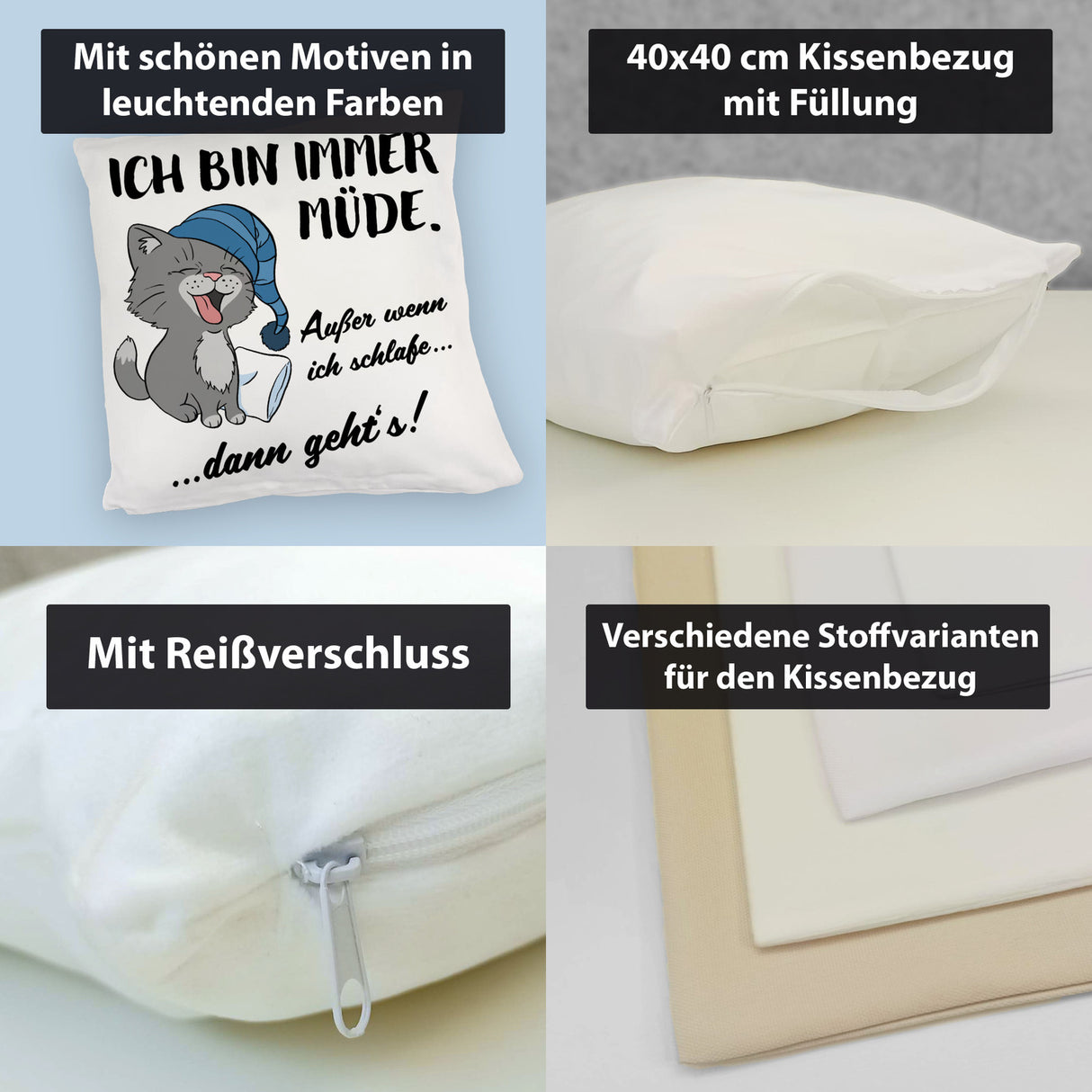 Katze Kissen mit Spruch- Immer müde außer wenn ich schlafe