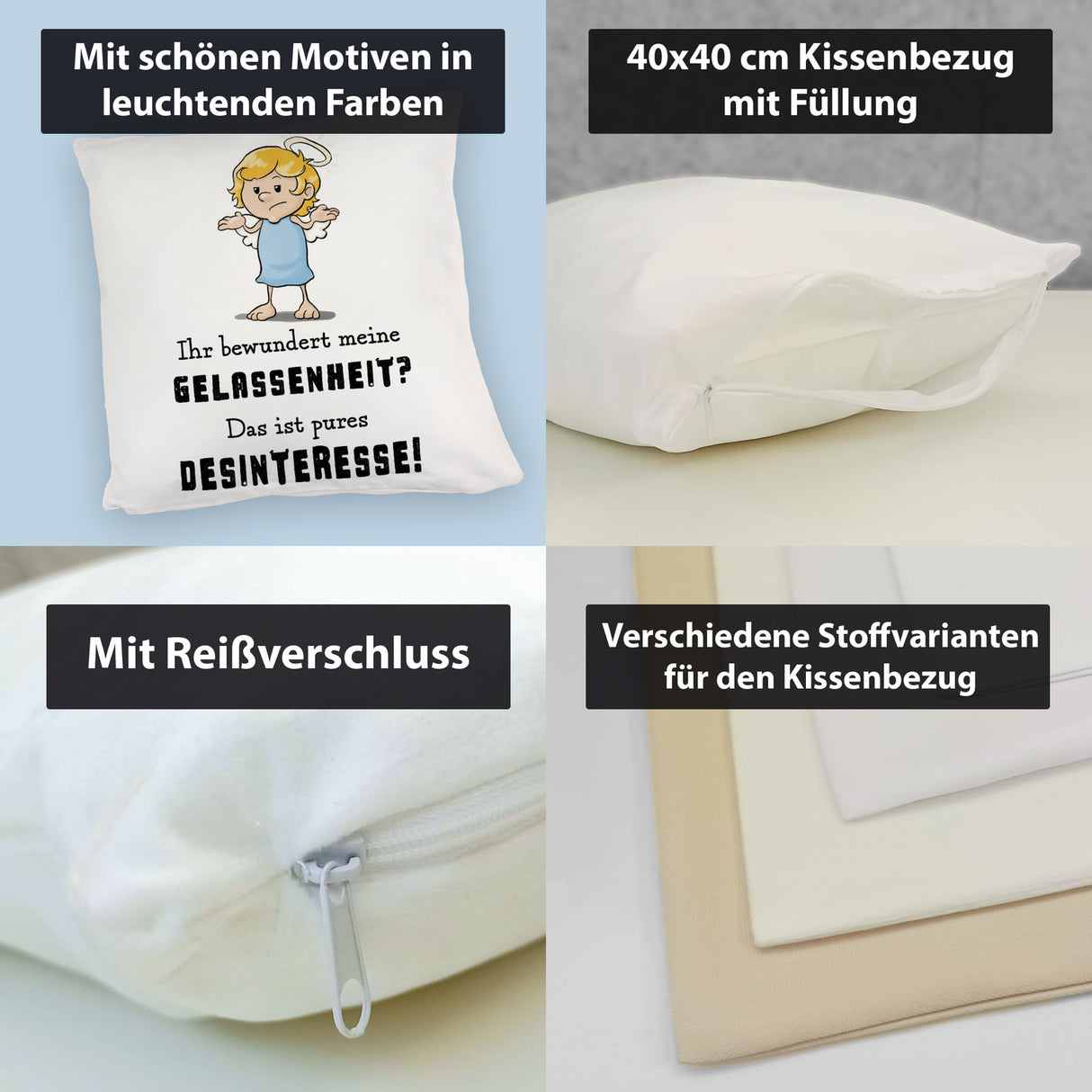 Engel Kissen mit Spruch - Meine Gelassenheit ist Desinteresse
