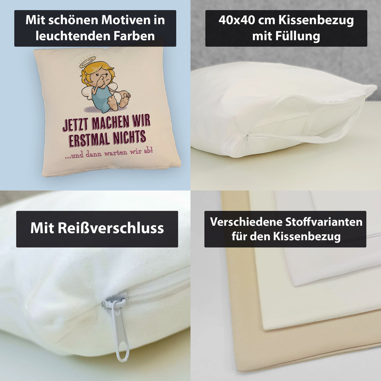 Engel Kissen mit Spruch - Wir machen nichts und warten ab