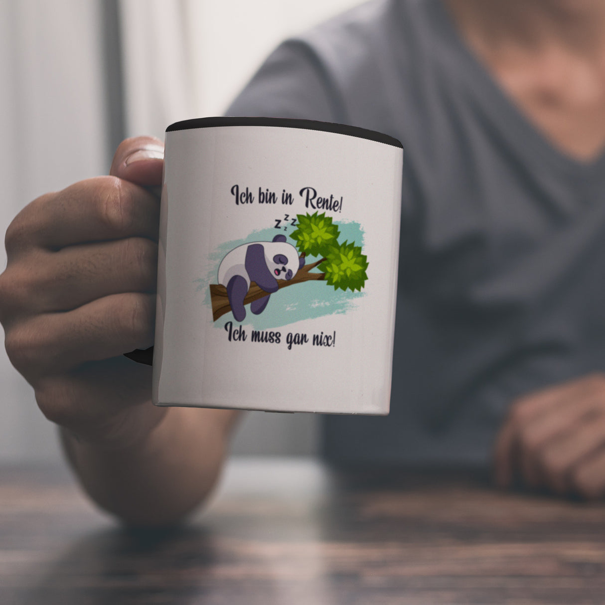 Panda Kaffeebecher mit Spruch Ich bin in Rente Ich muss gar nix