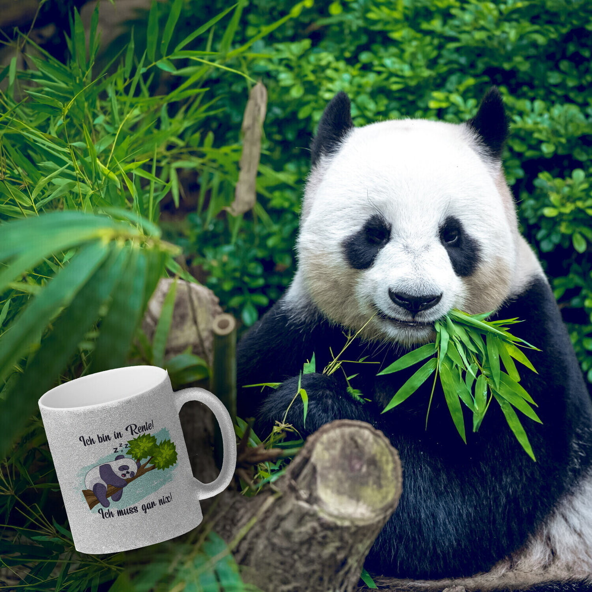 Panda Kaffeebecher mit Spruch Ich bin in Rente Ich muss gar nix