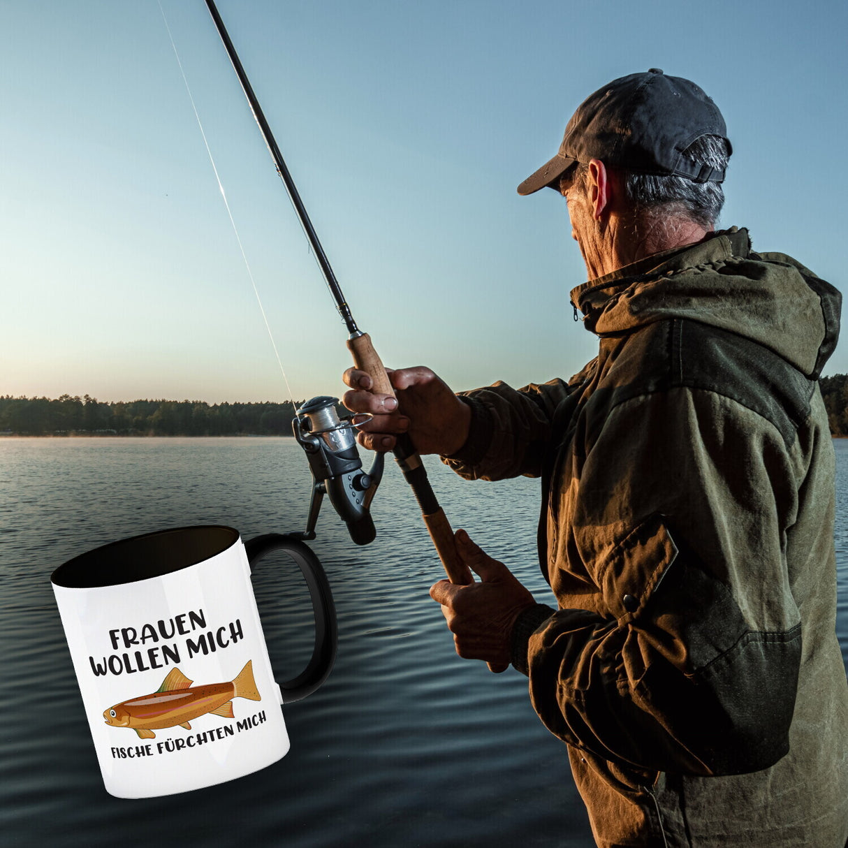 Frauenheld und Angler Kaffeebecher mit Spruch