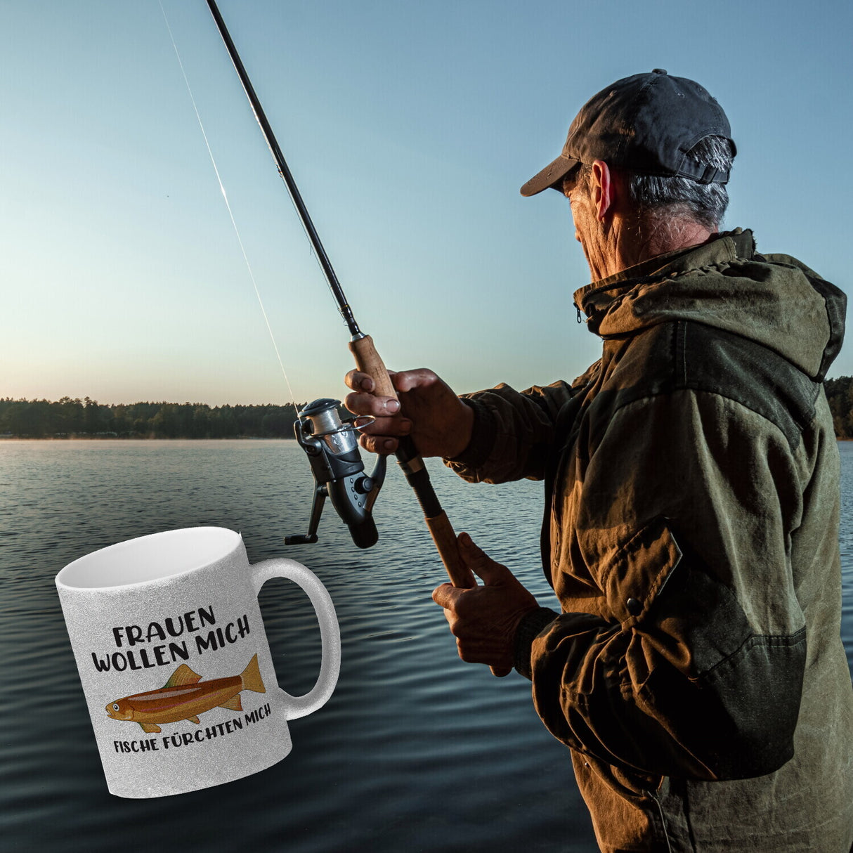 Frauenheld und Angler Kaffeebecher mit Spruch