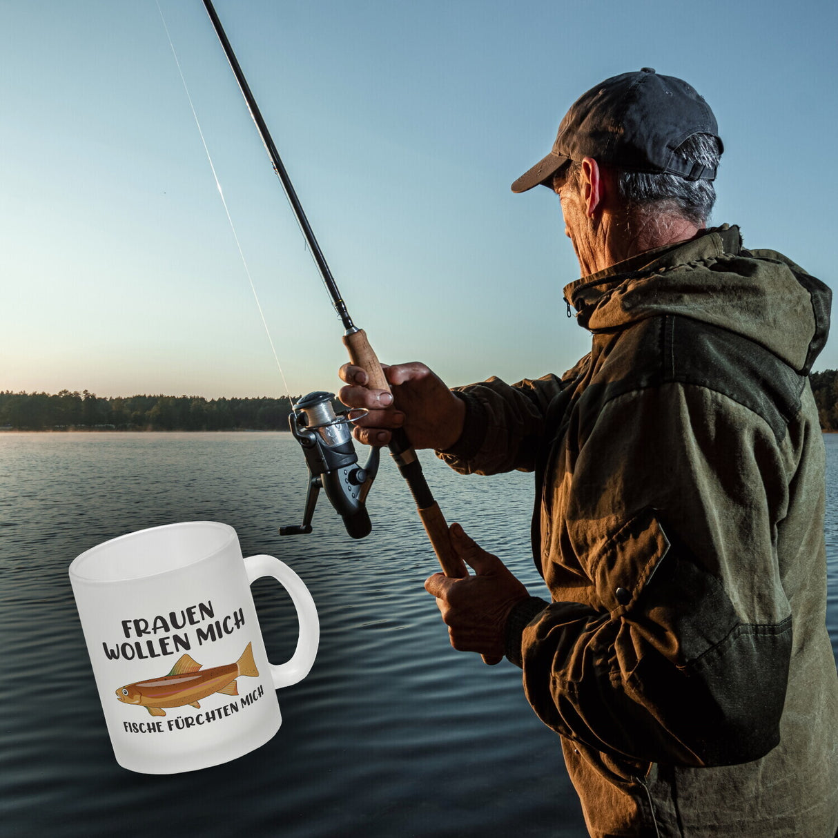 Frauenheld und Angler Kaffeebecher mit Spruch