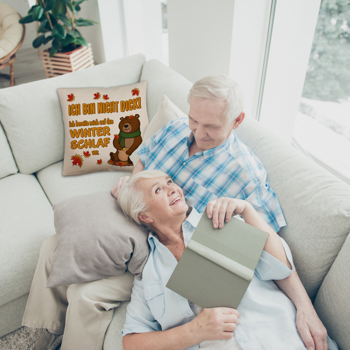 Bär mit Honigtopf im Herbst Kissen mit Spruch