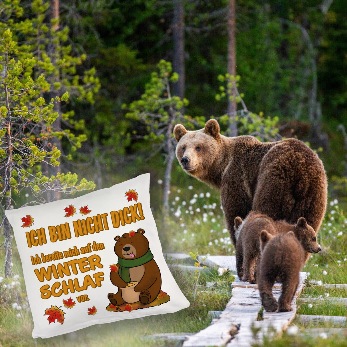 Bär mit Honigtopf im Herbst Kissen mit Spruch