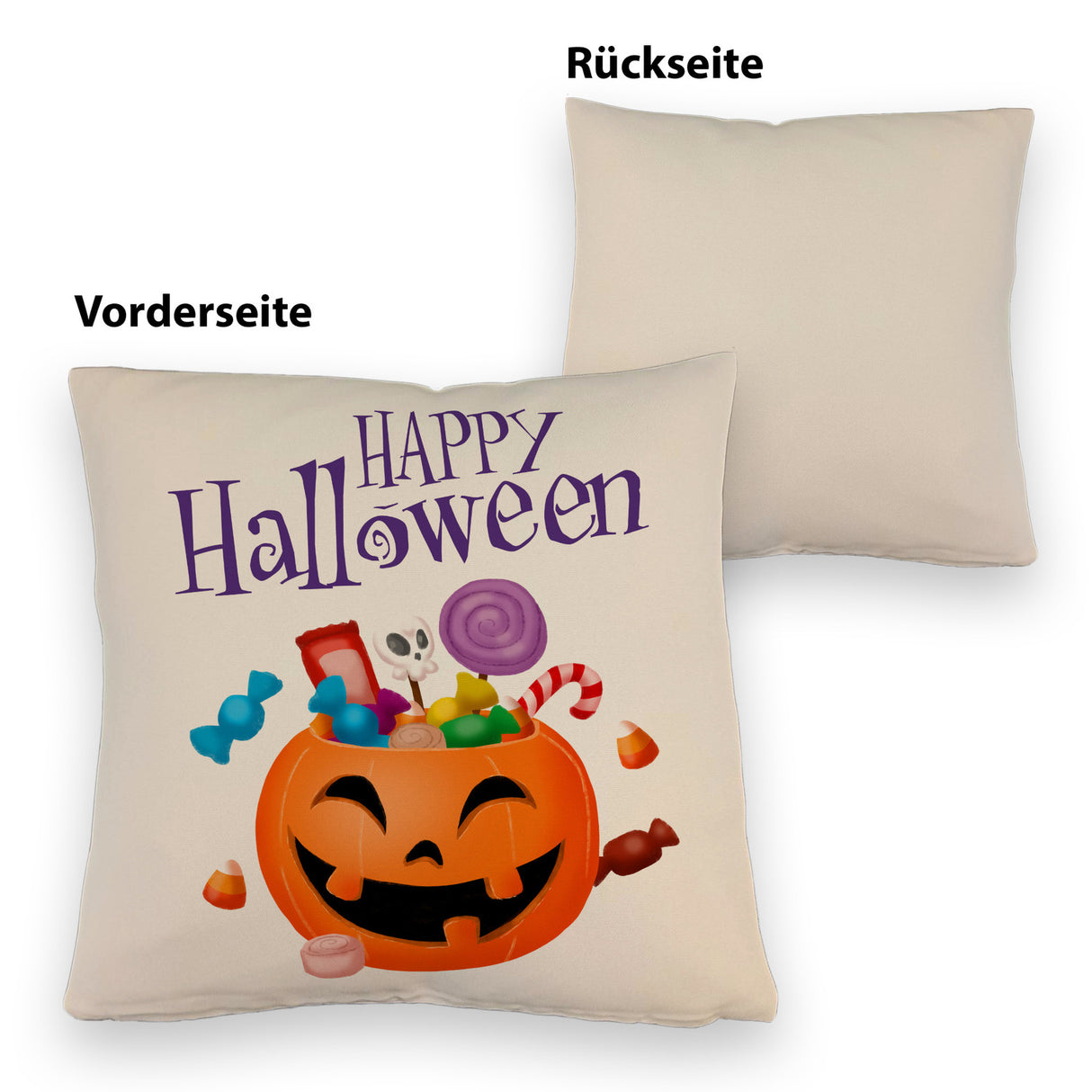 Happy Halloween Kissen mit Kürbis voller Süßigkeiten